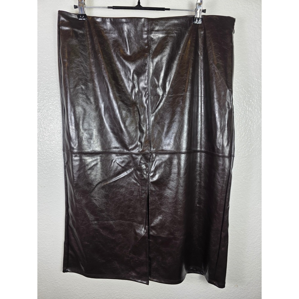 A New Day Brown Faux Leather Midi Pencil Skirt Womens Size 16 High Waisted